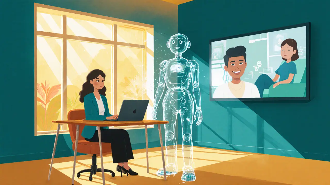Hybridní terapie: terapeut v kanceláři, klient na videu a AI hologram pomáhá analyzovat emoce.