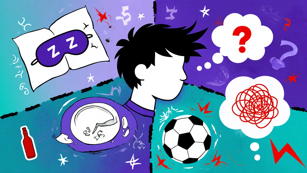Koláž zobrazující příznaky deprese u teenagerů: spánek, jídlo, ztráta koníčků.