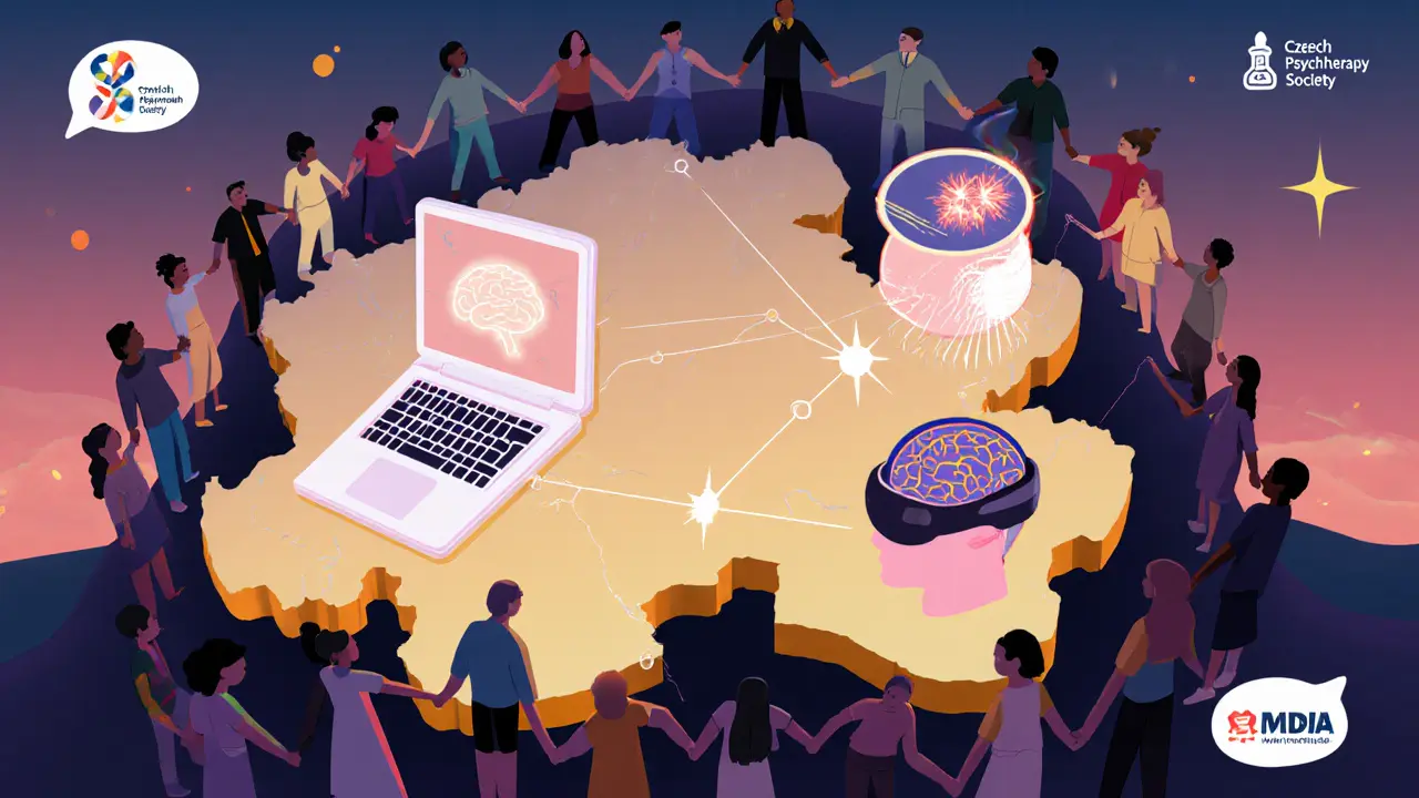 Mapa ČR s ikonami teleterapie, neurofeedbacku, MDMA a komunitní podpory.