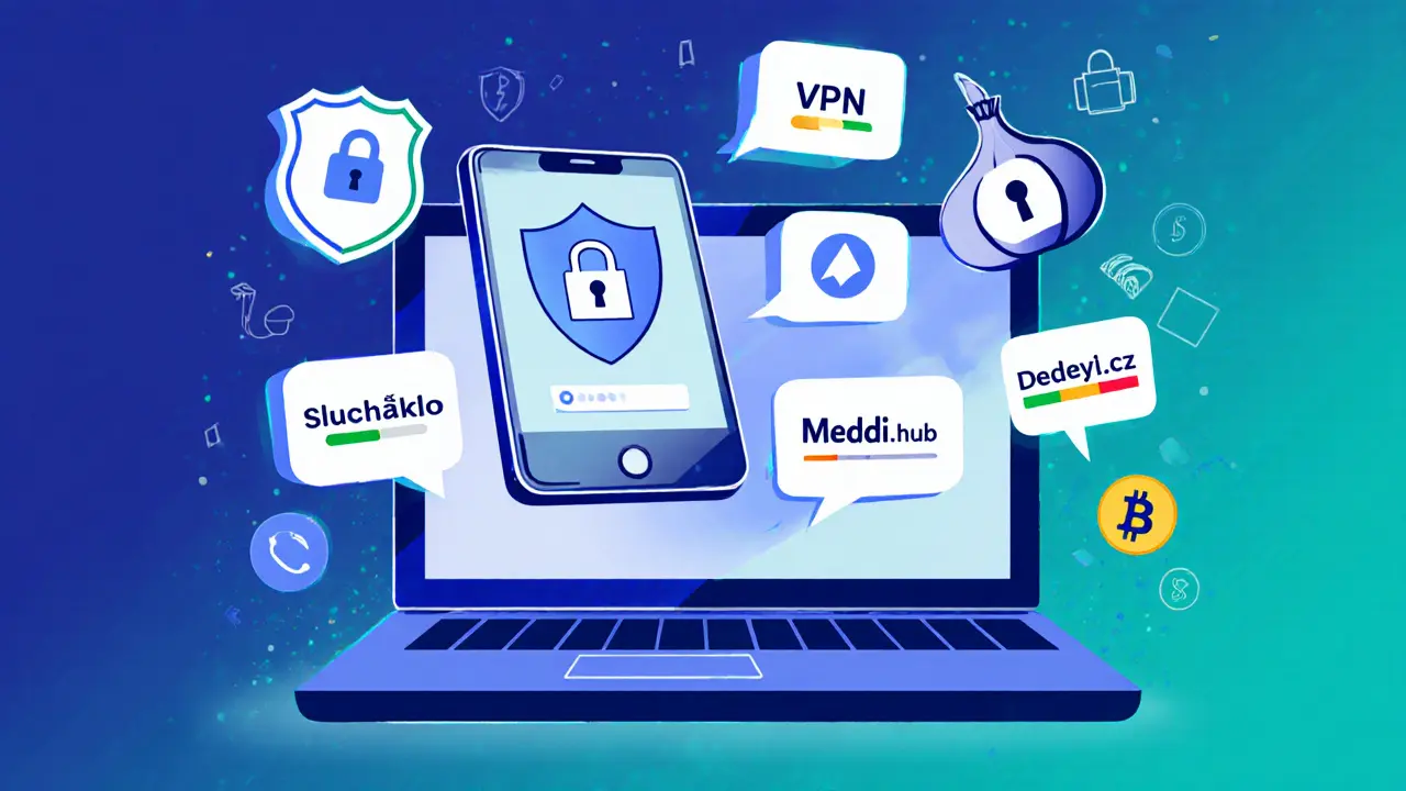 Laptop a telefon s ikonami VPN, Tor, Signal a logy anonymních platforem.