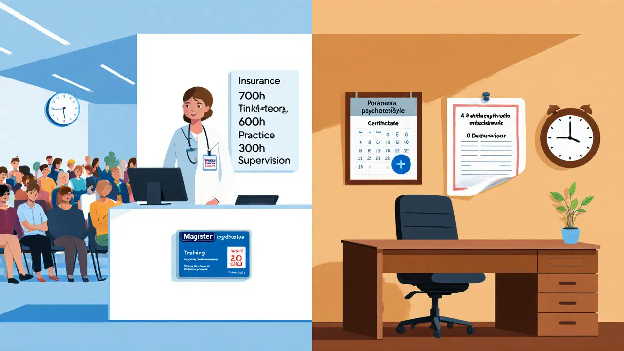 Porovnání veřejné kliniky s dlouhým čekáním a soukromé praxe s rychlou schůzkou v cartoon stylu.
