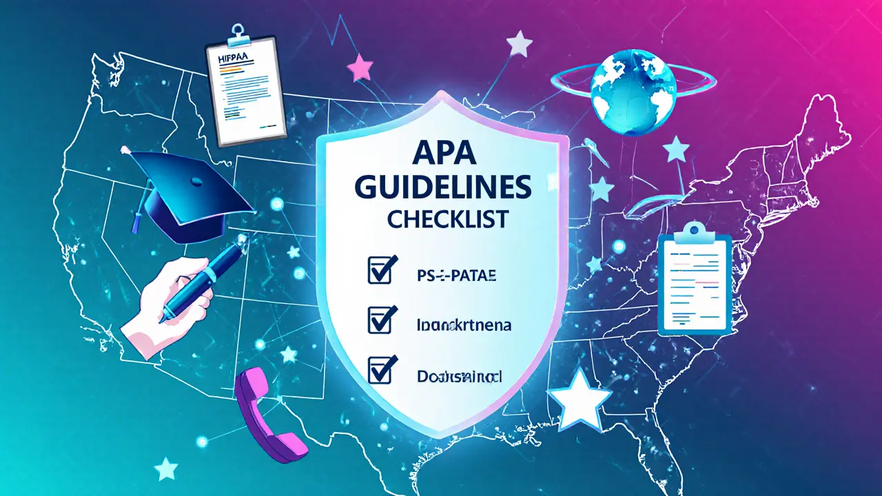 Ikony představující klíčové směrnice APA, obklopující štít HIPAA a mapu USA.
