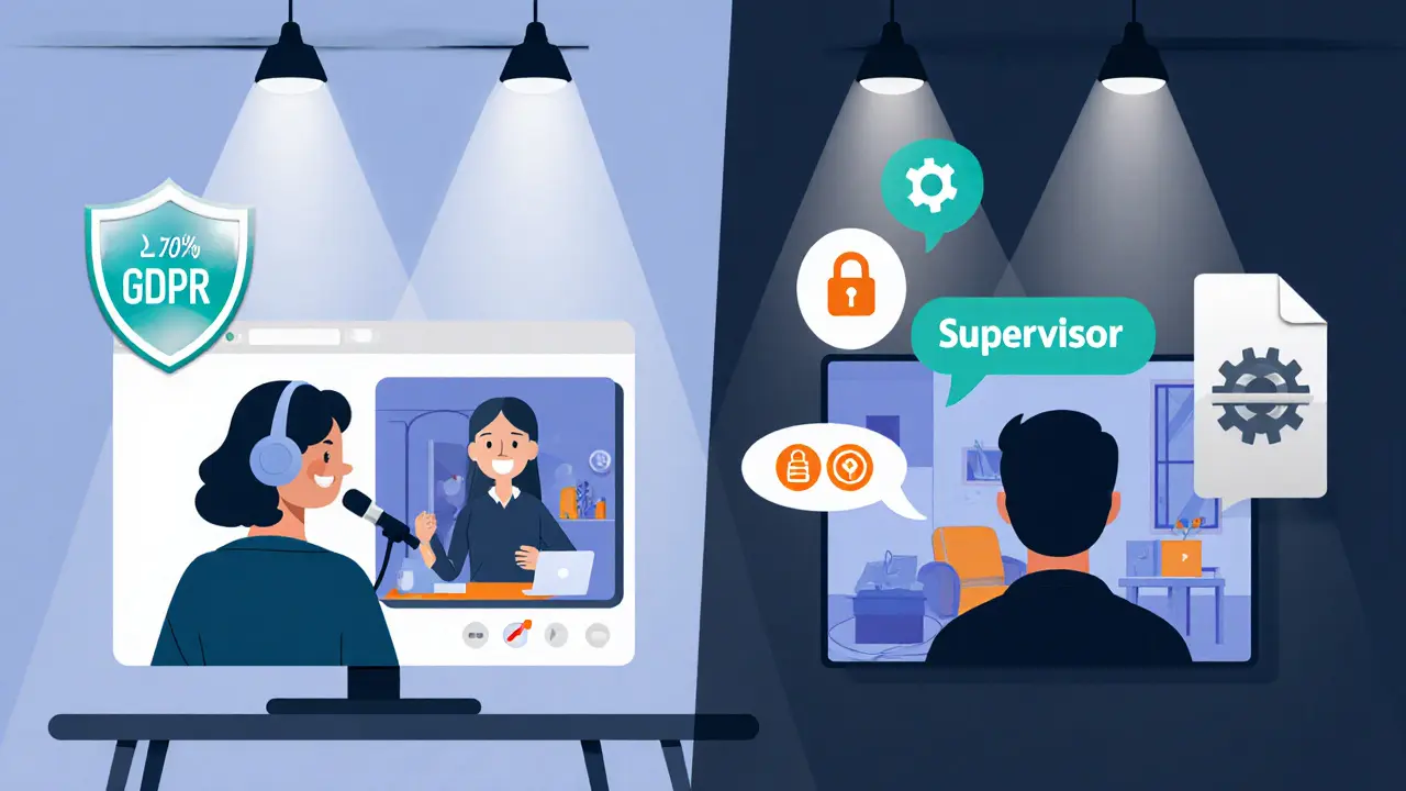 Online terapie přes šifrovaný video hovor, ikony GDPR a supervize.
