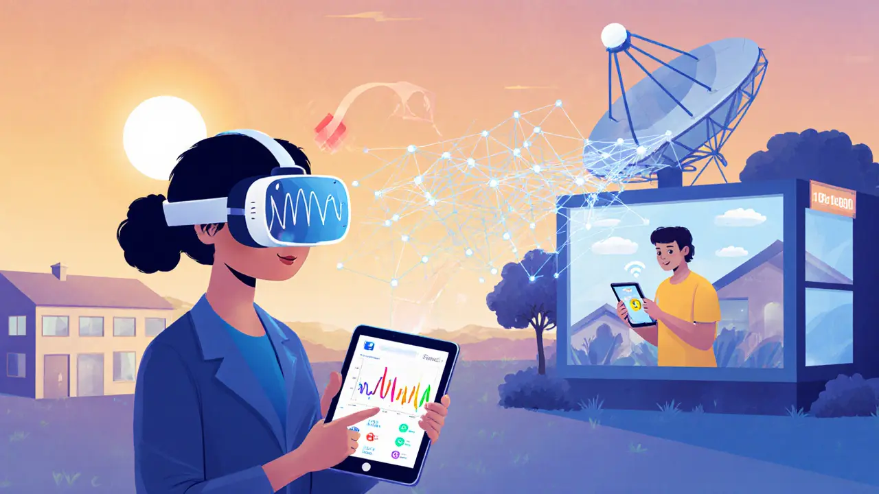 Terapeut s VR headsetem a AI analyzátorem emocí spojuje klienta na venkově.