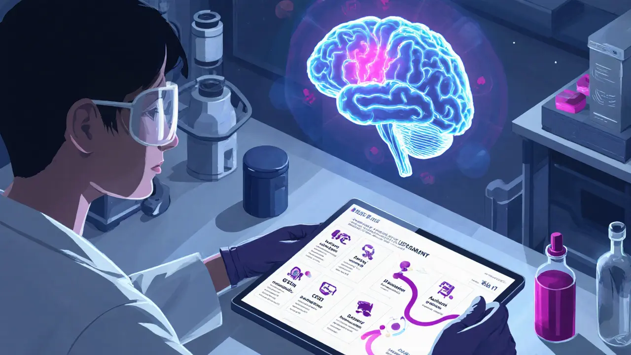 Futuristický výzkumný labor s DNA, skenem mozku a personalizovaným plánem léčby.