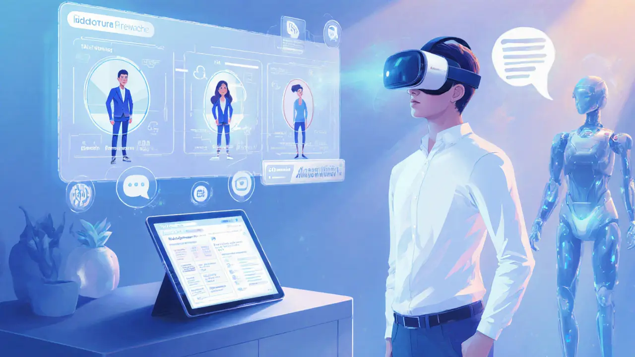 Pacient s VR headsetem a aplikací, doprovázený AI asistencí.