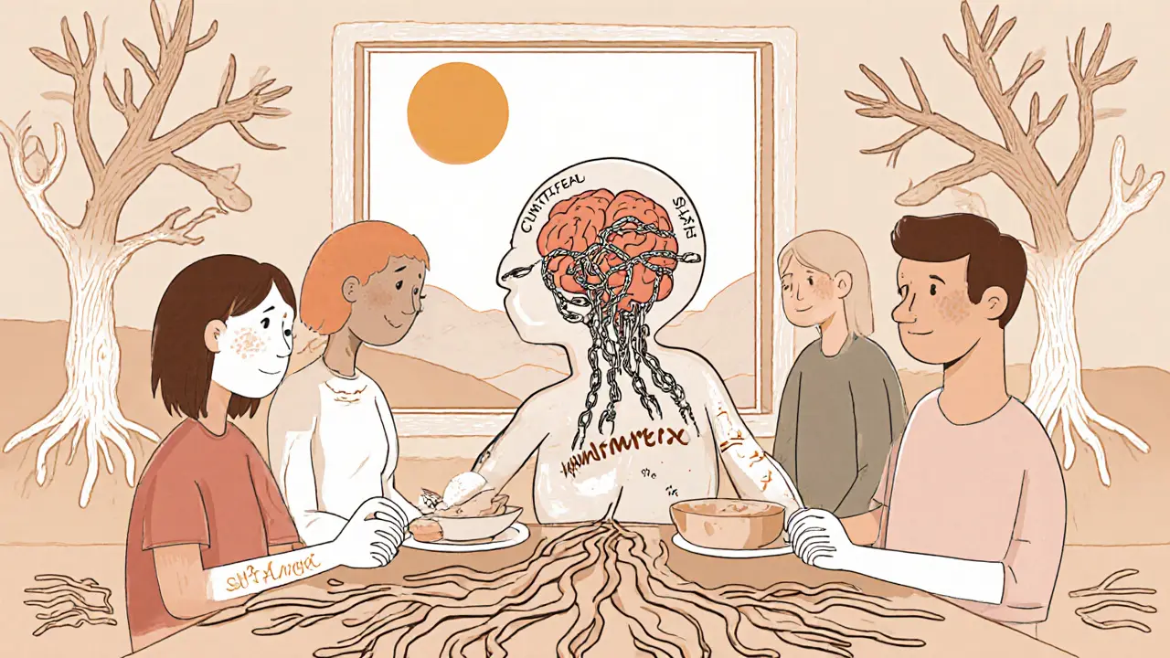 Rodina drží ruce kolem jídelního stolu, tělo dívky je průhledné a její myšlenky se uvolňují.