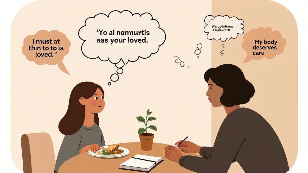 Terapeut a dívka sedí u stolu, jejich myšlenky se mění z negativních na pozitivní.