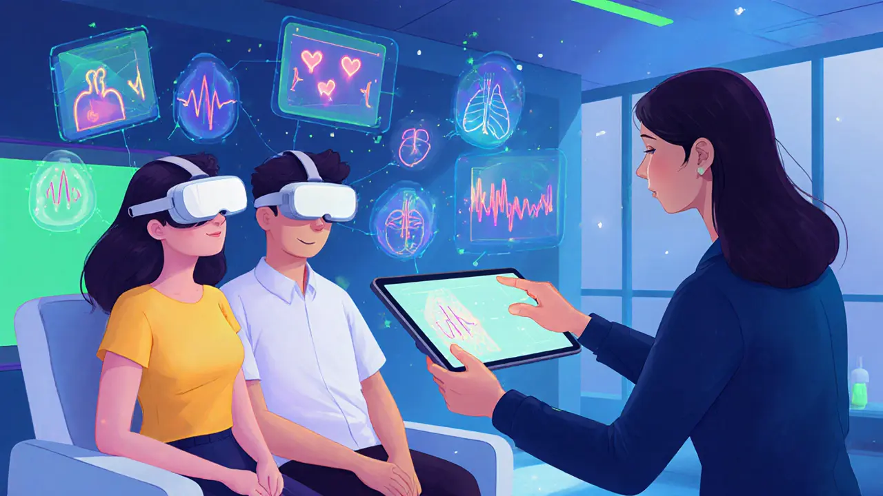 Pár v VR headsetech, obklopený biofeedback vizualizacemi.