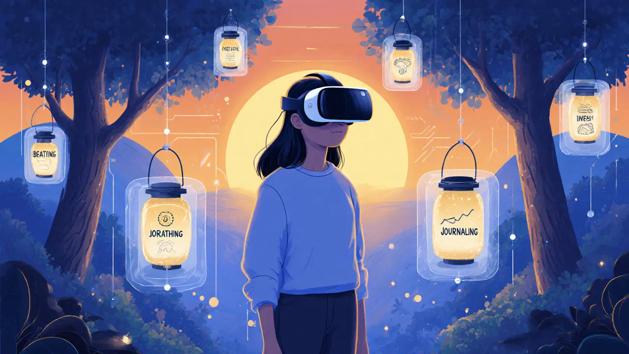 Osoba s VR headsetem v klidné virtuální zahradě s motivy sebe‑péče.