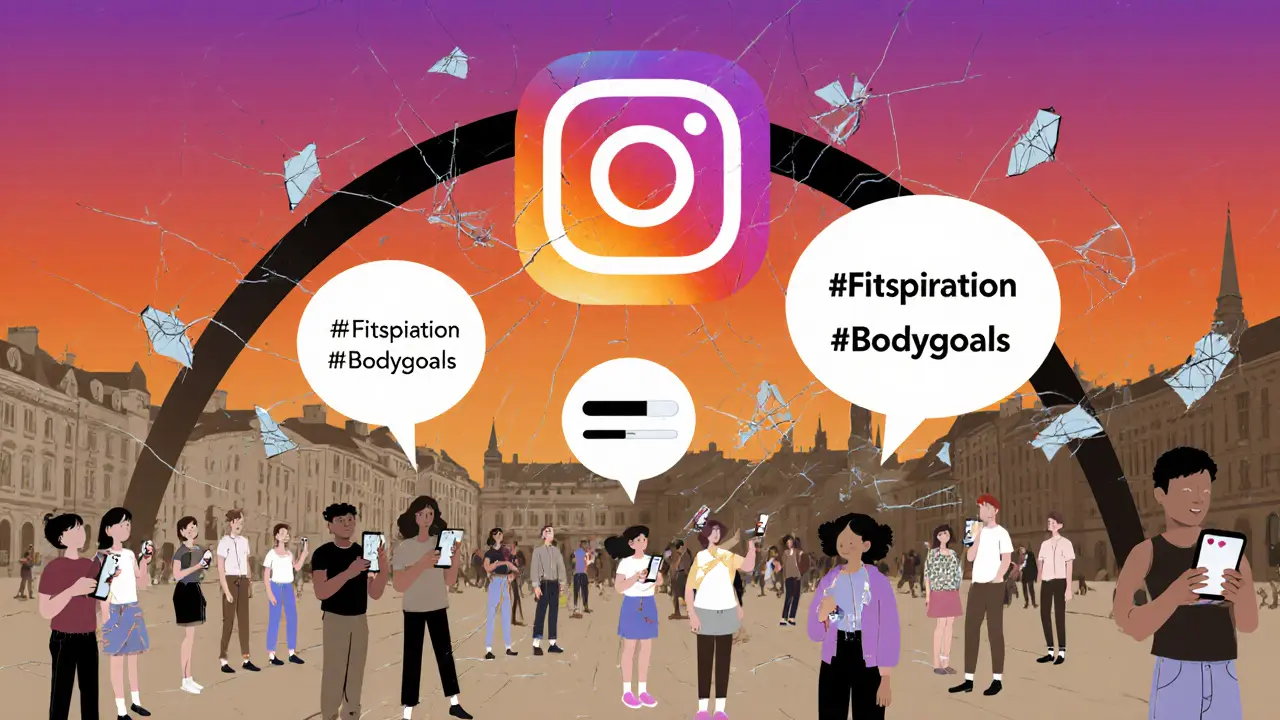 Skupina mladých lidí pod logem Instagramu, myšlenky o hashtagách a nízké sebevědomí.