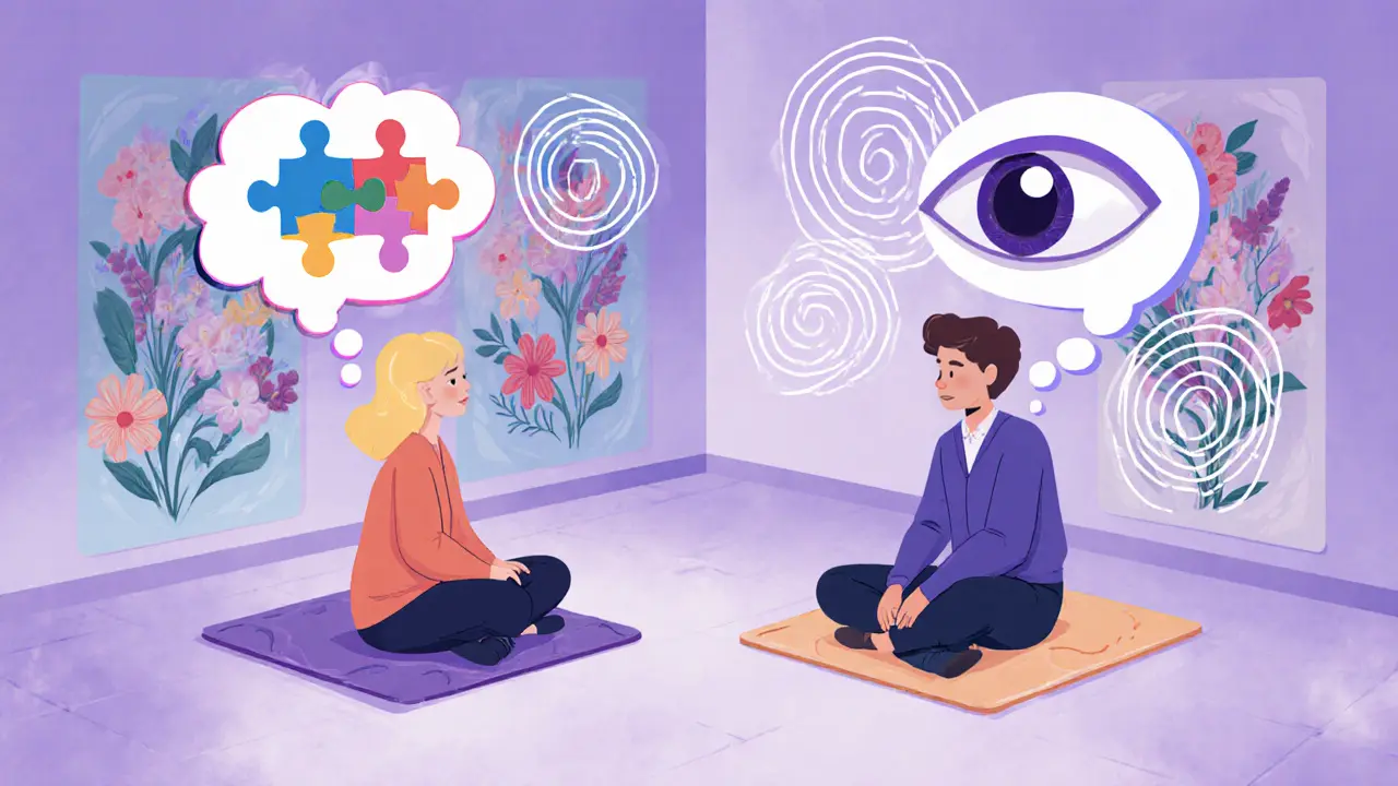 Terapeut a klient v bezpečném prostoru s ikonami CBT a EMDR.