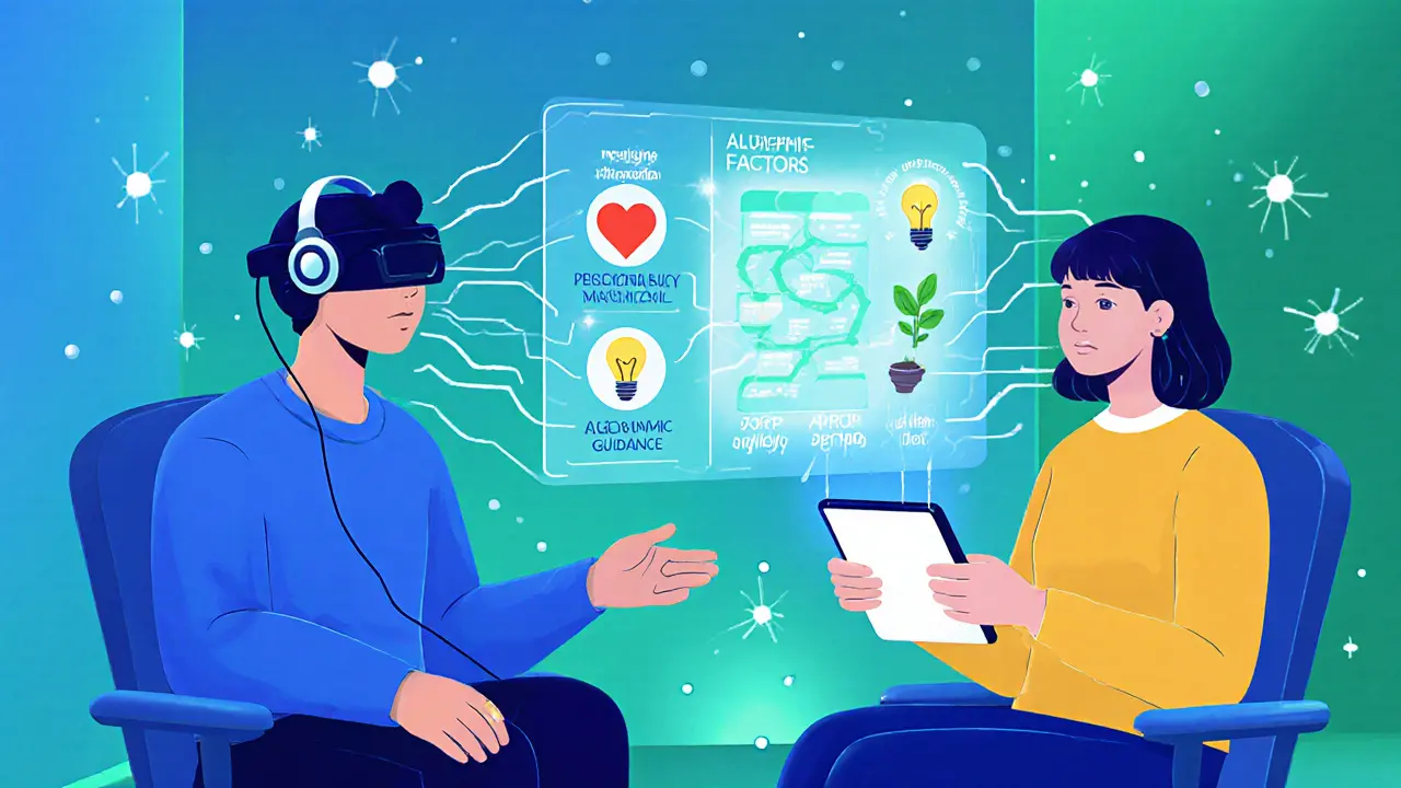Futuristické sezení, terapeut s hologramem dat, klient s tabletovou mapou pokroku.