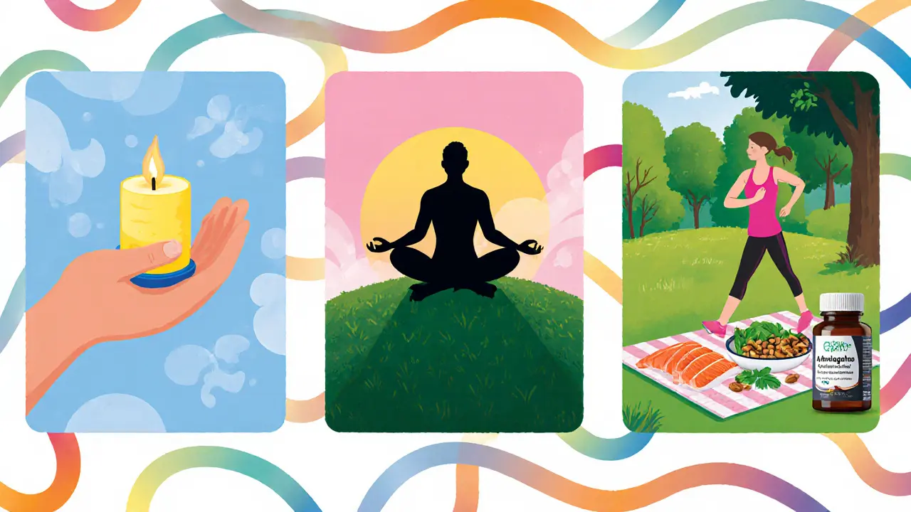 Koláž technik: meditace, chůze, zdravá strava a doplňky, zobrazena v karikaturálním stylu.