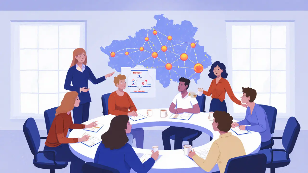 Skupinová workshopová scéna s terapeutickými kolegy a mapou ČR.