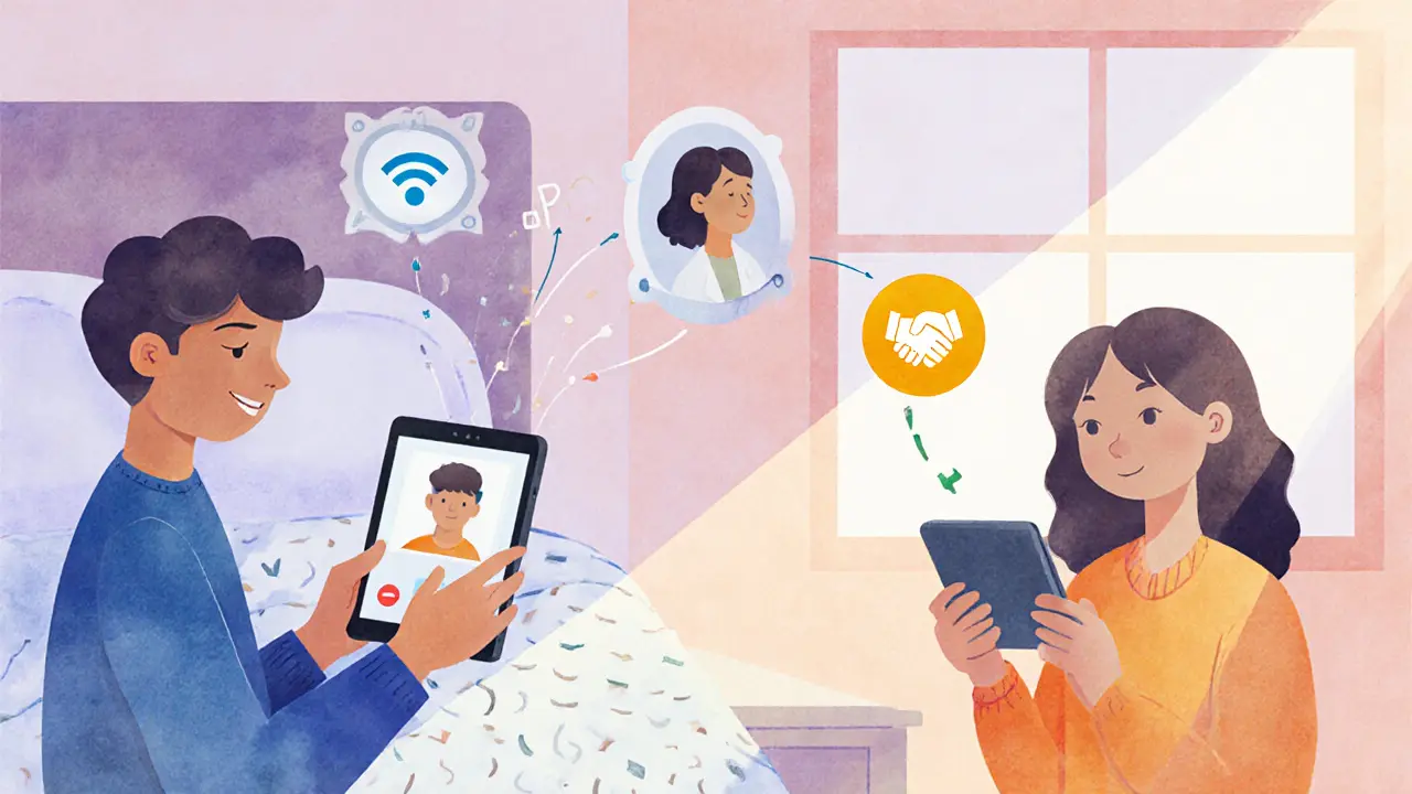 Cesta od online terapie k osobnímu setkání znázorněná přechodnými ikonami jako Wi-Fi a stisk ruky.