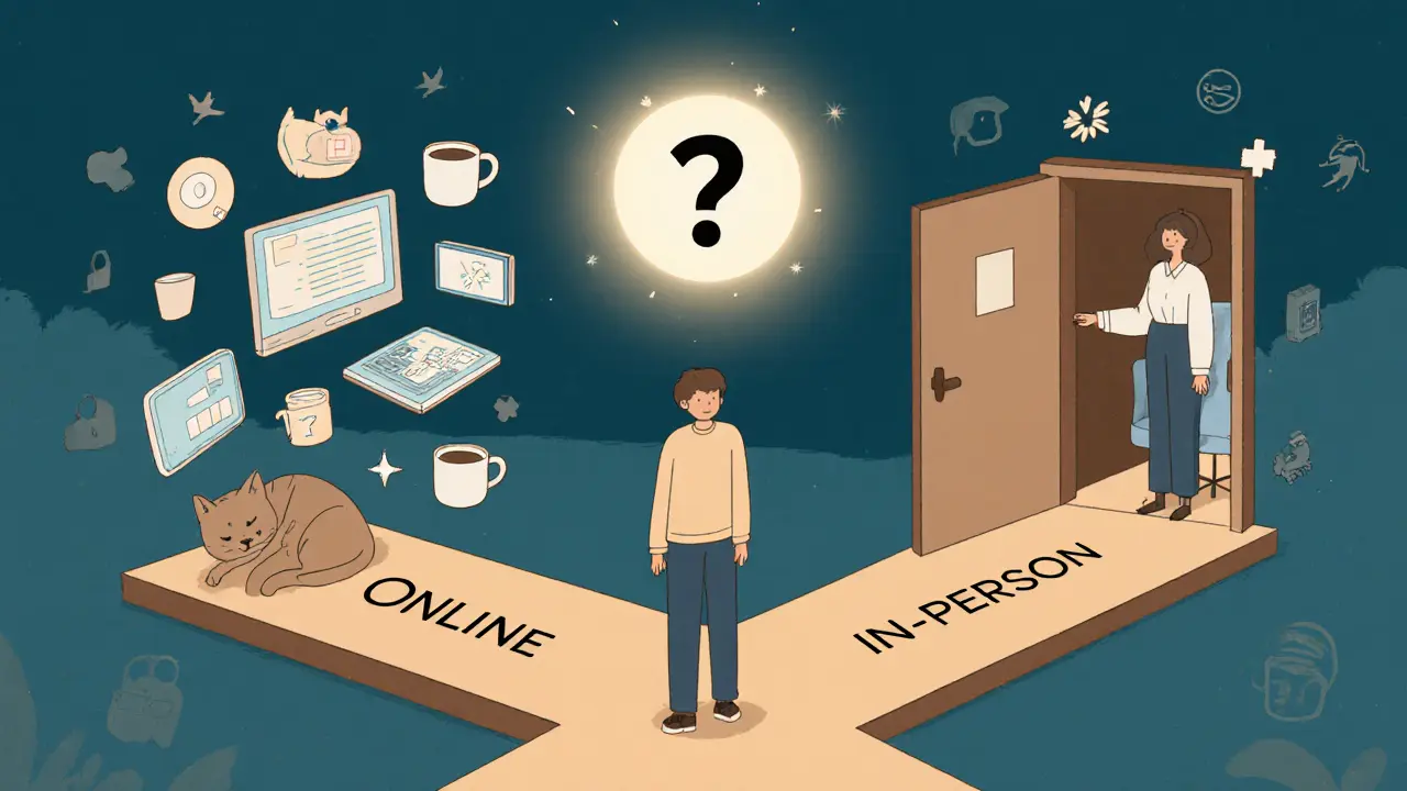 Osoba stojí na rozcestí mezi online a osobní terapií, kolem ní symboly bezpečí a porozumění.