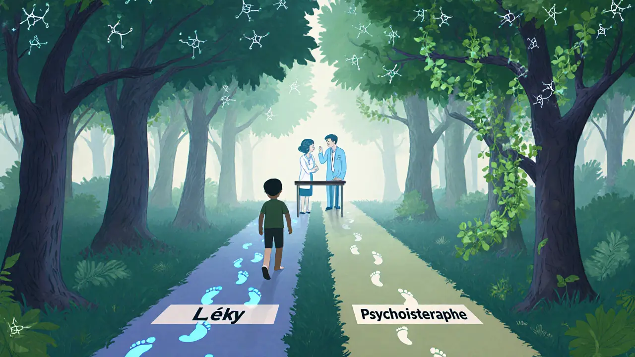 Dvě cesty v lese — léky a psychoterapie — vedou stejnou osobou, která je současně na obou.