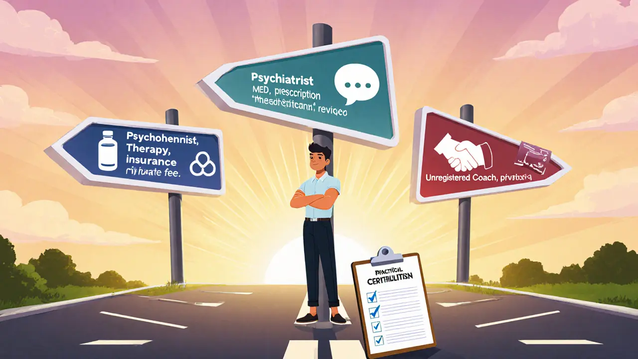 Klient na křižovatce s třemi cedulkami: psychiatr, psychoterapeut, neregistrovaný kouč.