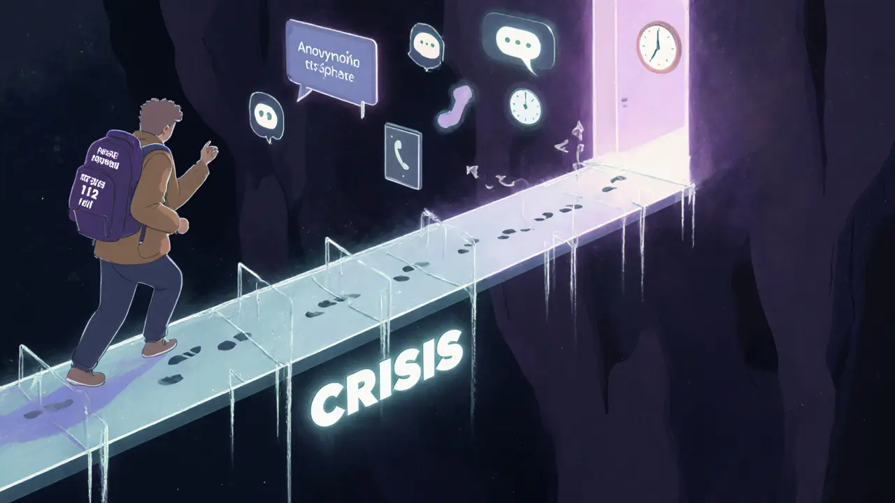 Křehký skleněný most přes propast &#039;Krizi&#039; vede k dveřím &#039;Pomoc&#039;, zatímco na pozadí svítí výzva k zavolání 112.