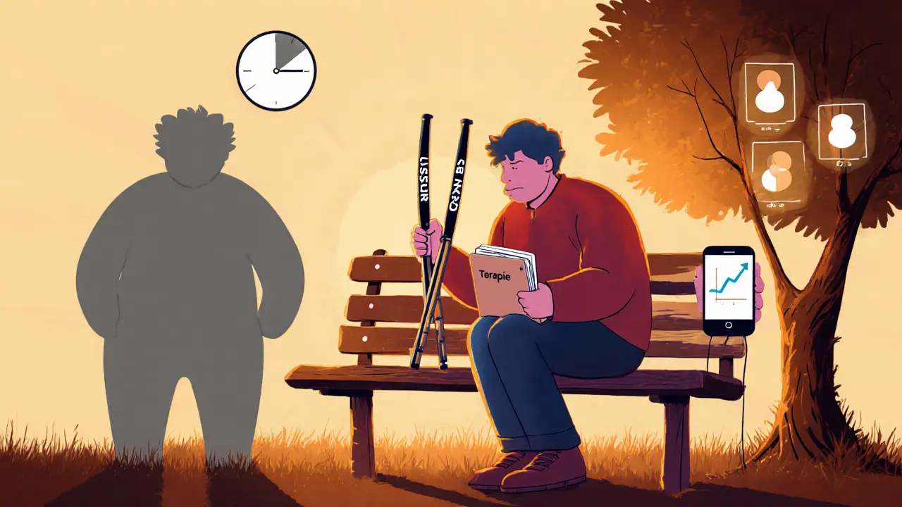 Osoba sedí na lavičce s berlemi a deníkem, její stín se mění z tmavého na barevný.