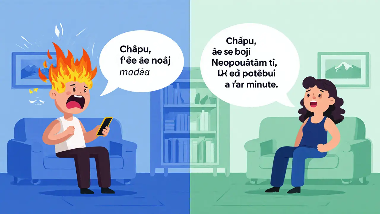 Partner reaguje na krizi klidně — předchozí vztek se mění v klidnou reakci.