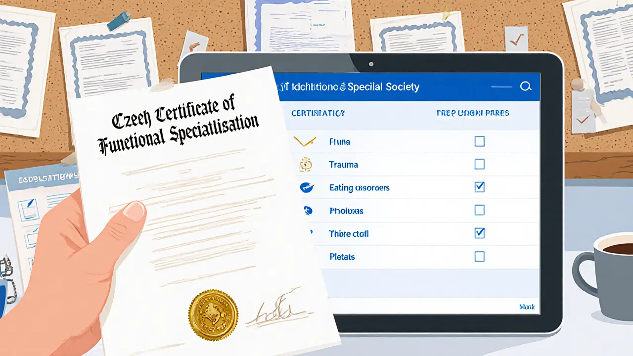 Ruka drží certifikát vedle tabletu s filtrem adresáře psychoterapeutů.