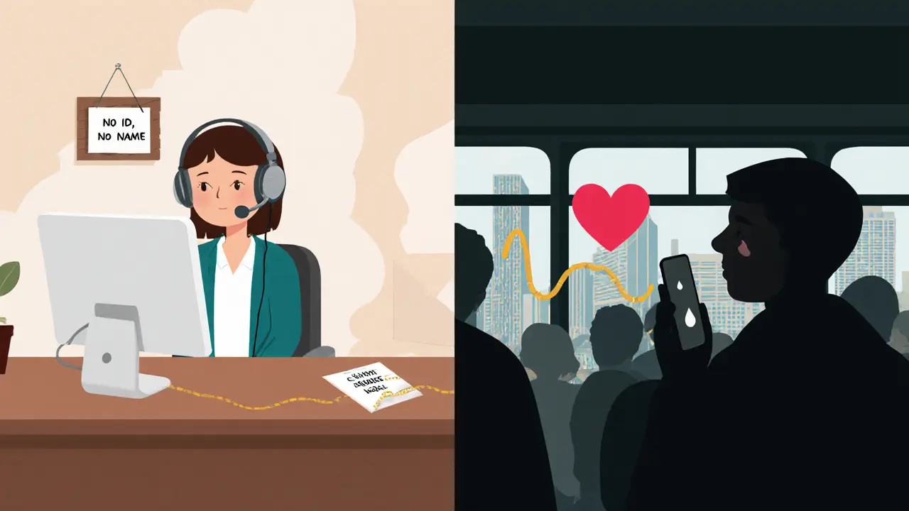 Terapeut poslouchá neviditelného klienta přes sluchátka, zatímco klient v autobuse přijímá podporu – spojení představuje zlatá nit mezi nimi.