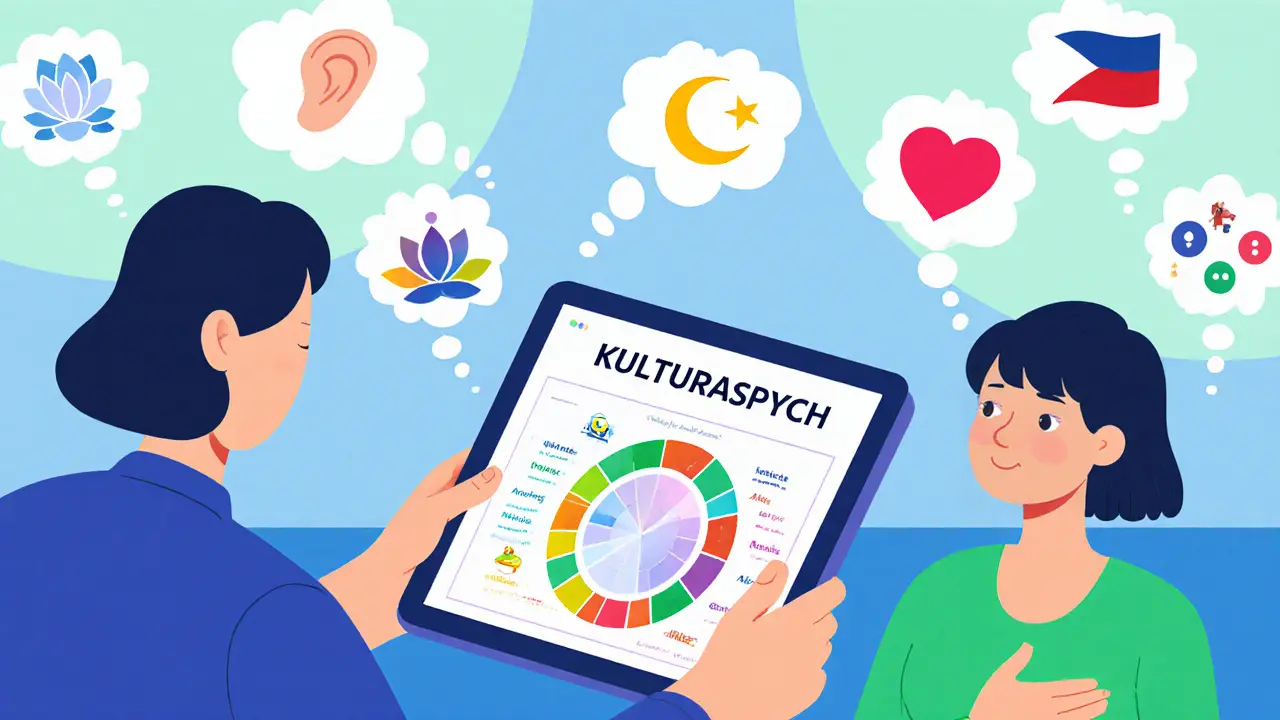 Terapeut používá tablet KULTURAPSYCH, klient ukazuje tělesné příznaky, symbolizuje aktivní naslouchání.