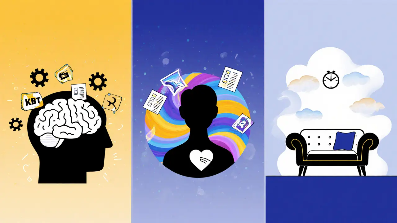 Tři ilustrace porovnávají KBT, Gestalt a psychoanalýzu pomocí symbolů.