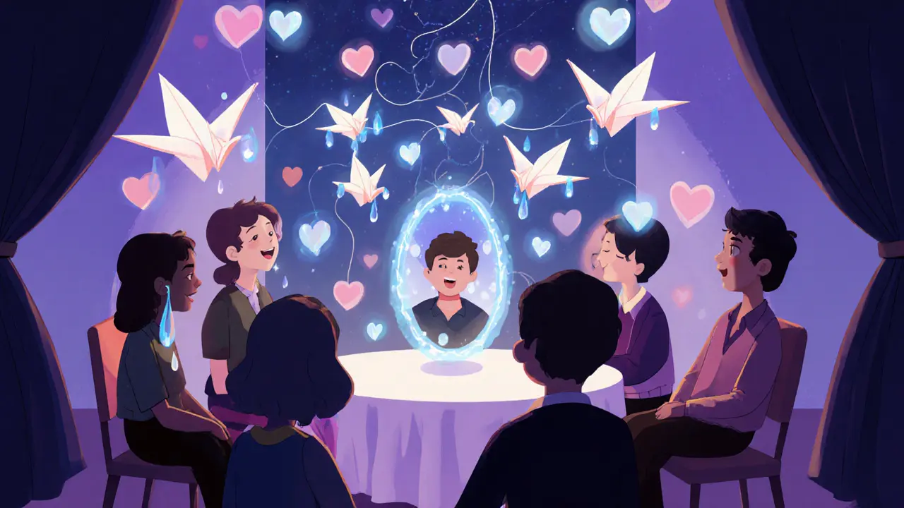 Abstraktní místnost, kde emoce vznikají jako vizuální prvky, propojující všechny přítomné.