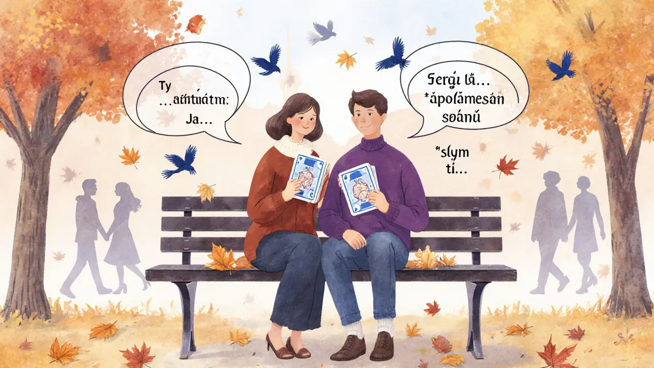 Český pár na lavičce používá Gottmanovy karty k lepší komunikaci, kolem nich rostou symboly porozumění.