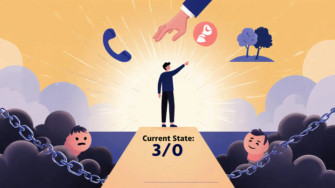 Člověk kročí k malému zlepšení na škále 0–10, zatímco tíha minulosti padá.