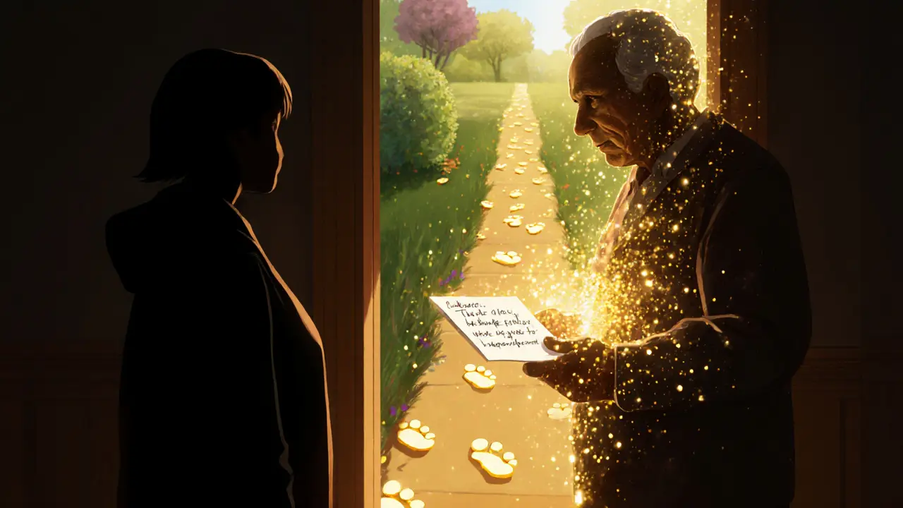 Člověk předává upřímný dopis vděčnosti, který září, zatímco za ním vzniká světlo.