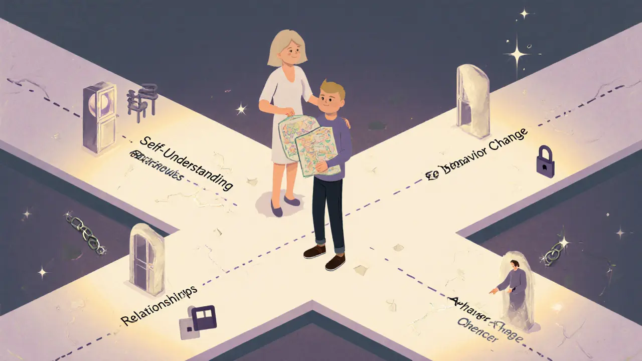 Člověk stojí na křižovatce s třemi cestami k osobnímu růstu, veden svým vnitřním směrem.