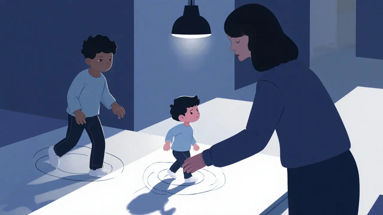 Dítě s autismem krouží kolem stolu, rodič ho tiše kopíruje v klidném prostředí.