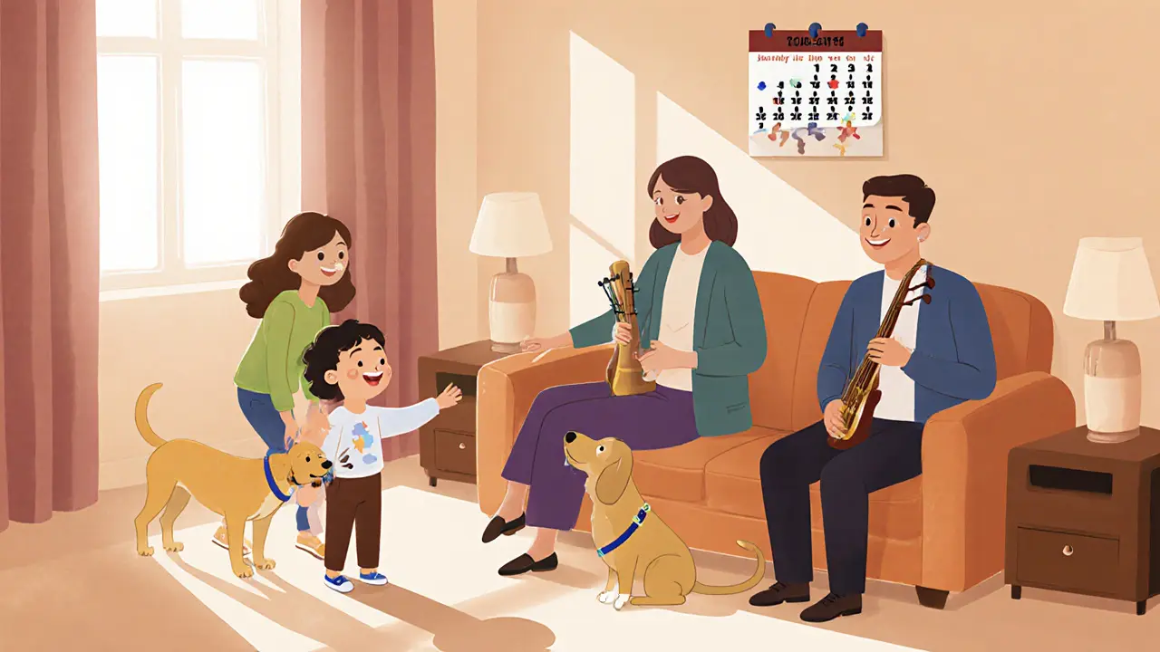 Dítě s autismem se dotýká terapeutického psa, rodina pozoruje s úsměvem.