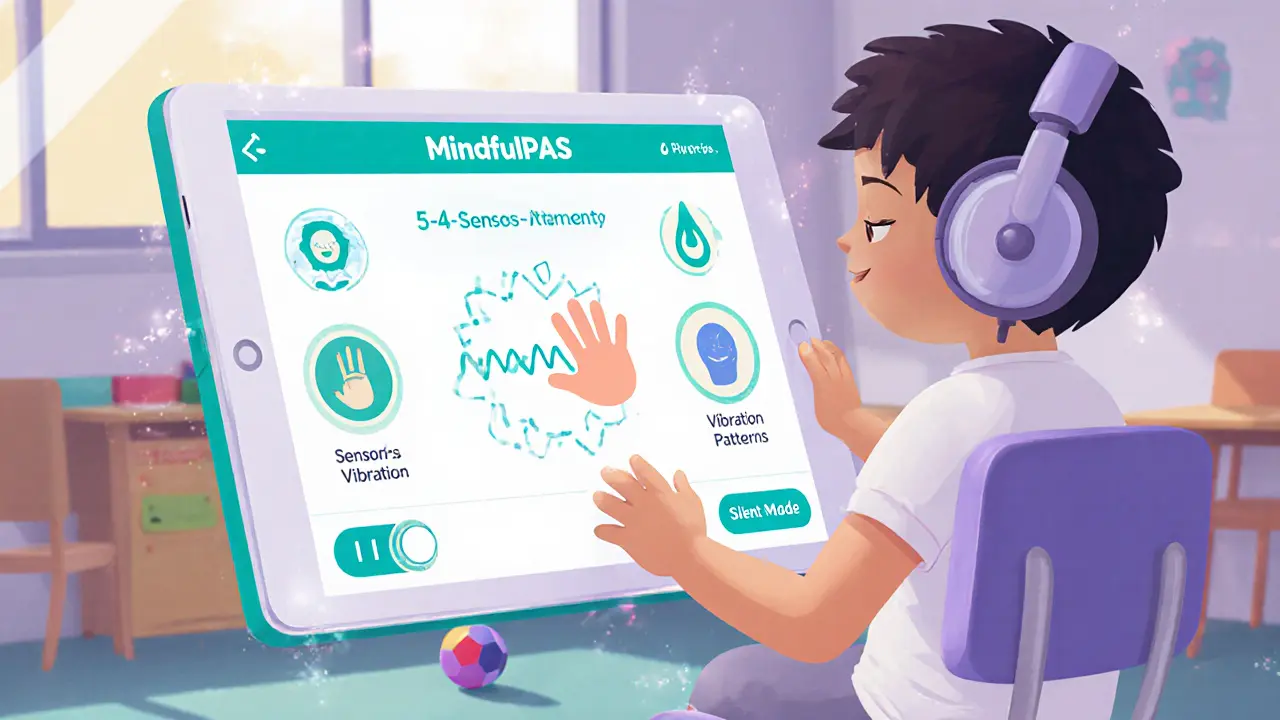 Dítě sleduje tablet s aplikací MindfulPAS, která ukazuje vizuální cvičení pěti smyslů, bez zvuku a s vibracemi.