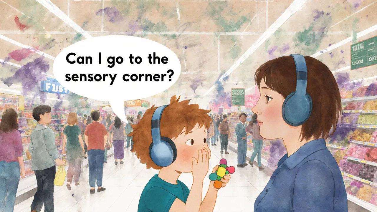 Dítě v obchodě s hlukotěsnými sluchátky klidně ukazuje na senzorický roh, kolem něj šumí nejasné směsi podnětů.