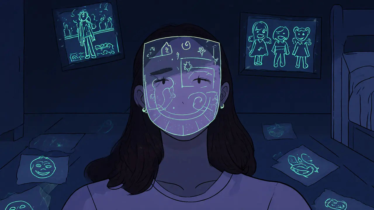 Dospělá žena v noci okolo sebe má náčrty obličejů, které se snažila napodobovat, maska z sociálních očekávání.