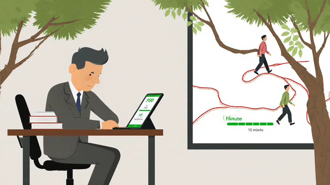 Dospělý pracuje u stolu, jeho pohyb nohou je součástí pracovního režimu s časovým plánem.