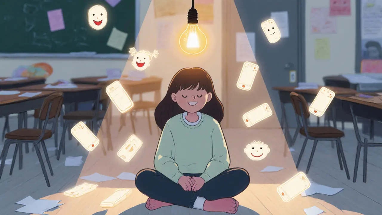 Dospívající dívka sedí v pokoji, kolem ní plavou fragmenty jejích strachů a izolace.