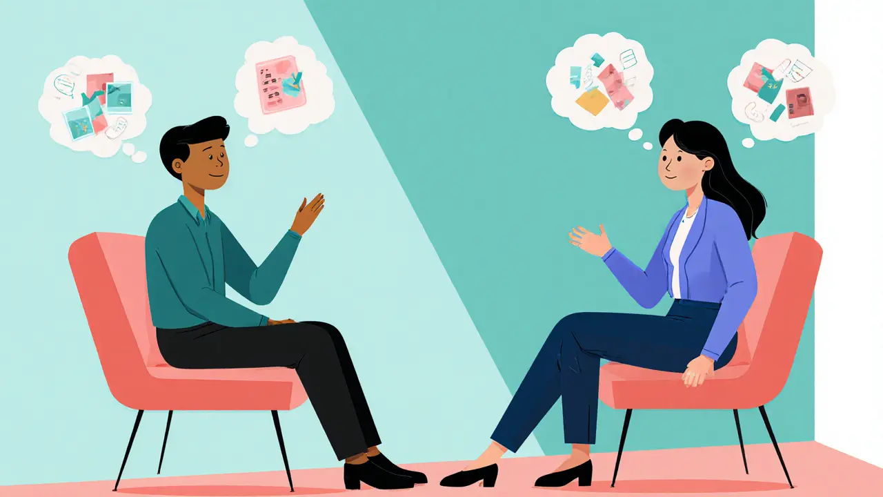 Dva terapeuti, muž a žena, pracují s párem, nad každým se vznášejí myšlenky a skryté emoce.