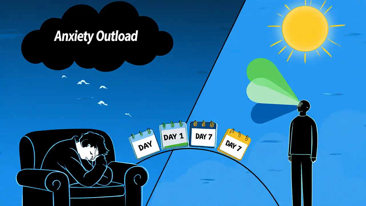 Dvě verze osoby: jedna napjatá pod tmou, druhá klidná při dýchání, spojené mostem dnů.