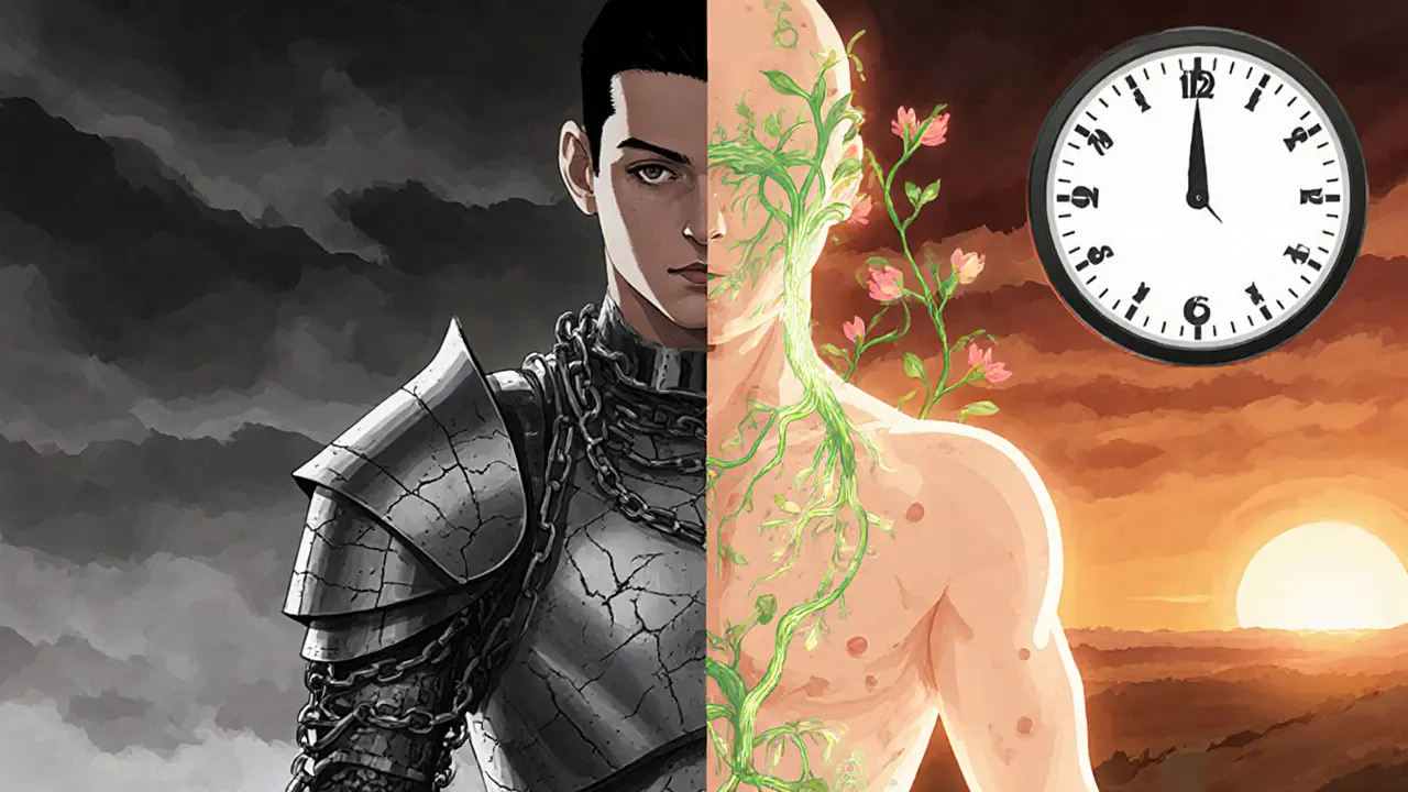 Dvojí obraz těla: jedna strana ztuhlá a zraněná, druhá uvolněná a osvobozená.