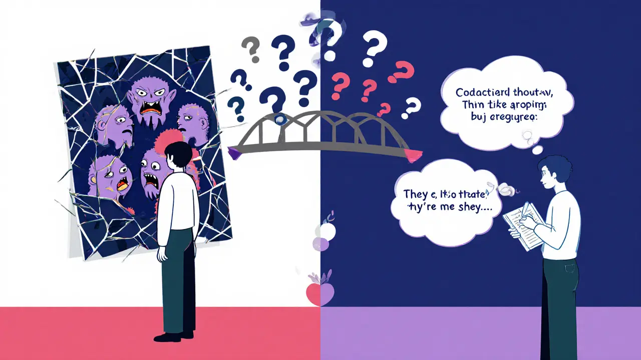 Dvojité znázornění: zkreslené zrcadlo na jedné straně, klidné psaní na druhé.