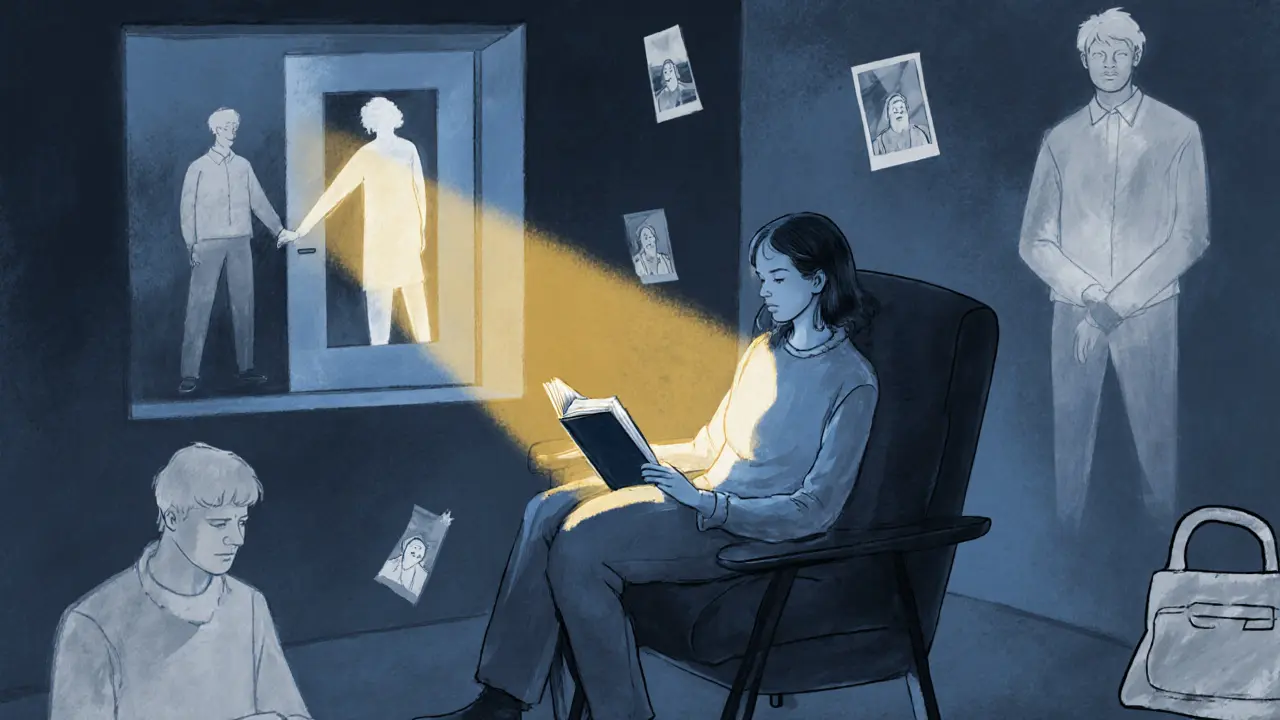 Jeden partner sedí samotný v terapii, kolem něj se vznášejí průhledné vzpomínky na vztah.