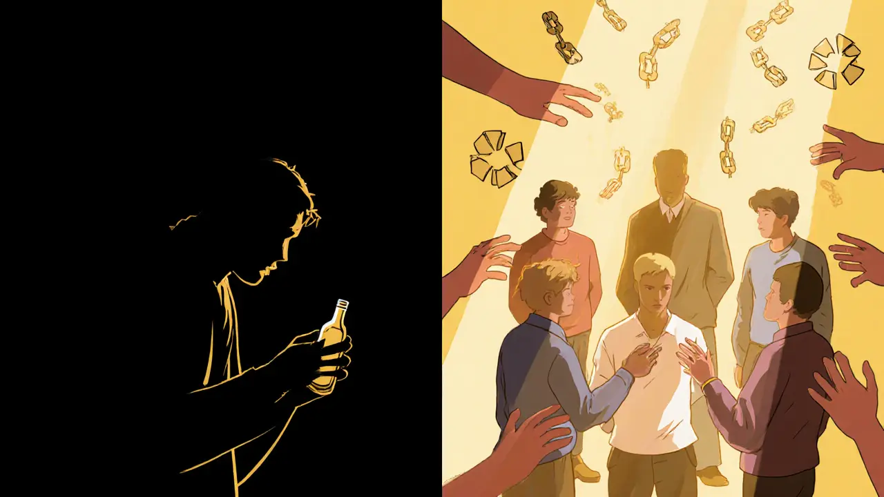 Jedna osoba se přeměňuje z izolovaného stínu na člena podporující skupiny plné světla a spojení.