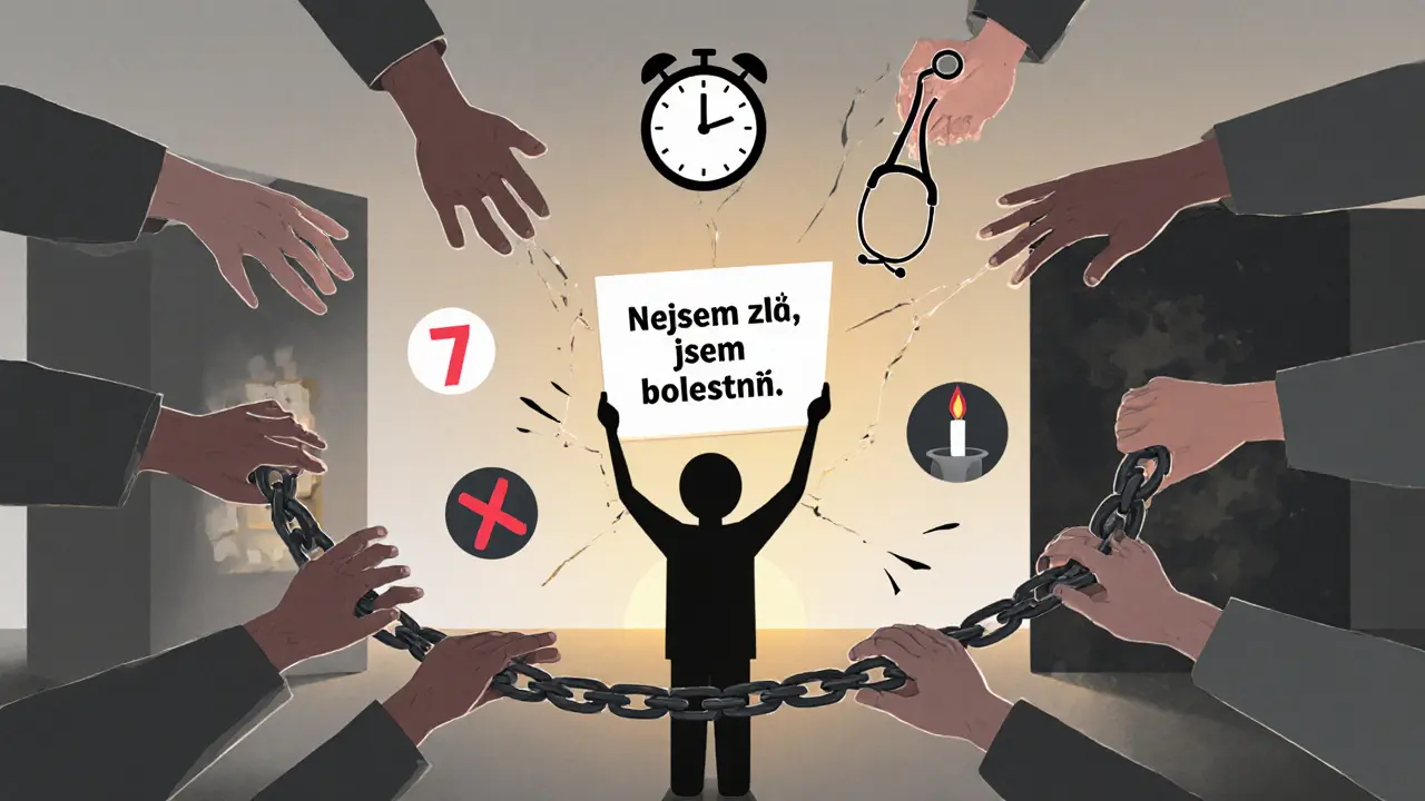 Lidé v kruhu se vzdalují od jedné osoby, která drží plakát &#039;Nejsem zlý, jsem bolestný&#039;.