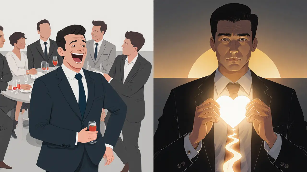 Muž v dvojím obrazu: v jedné části izolován ve společnosti, v druhé objímá své vnitřní světlo.